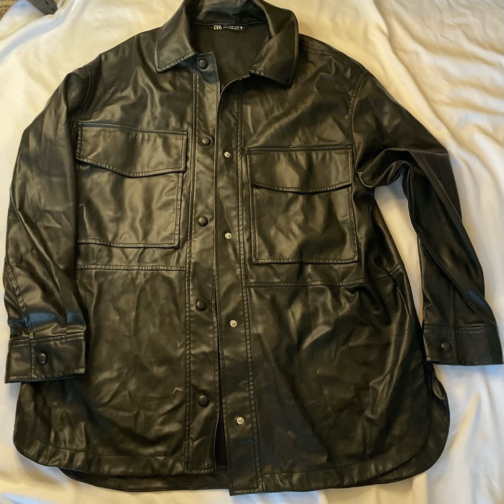 Zara Men's Black Faux Leather Shirt Jacket
